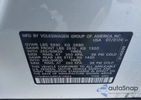 2024 Volkswagen Atlas 2.0T Se W/Technology из США, поврежденный, VIN 1V2HR2CA6RC610553